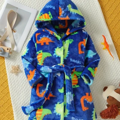 Plush Hooded Robe- Blue Dinosaur Print