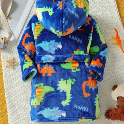 Plush Hooded Robe- Blue Dinosaur Print