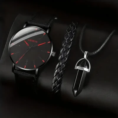 Watch Set- 3PC Round Black, Red Accents
