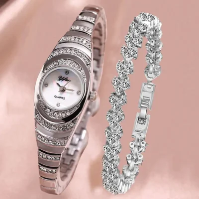 Watch Set- 2PC Rhinestone Accent- Silver