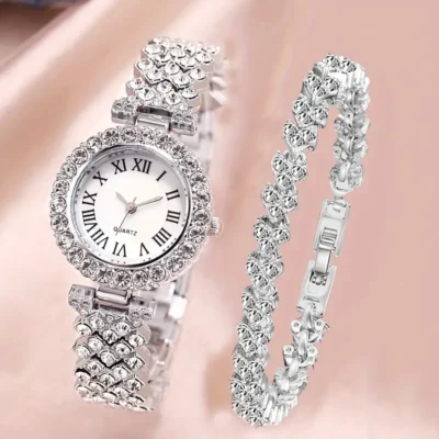 Watch Set- 2PC Silver Roman