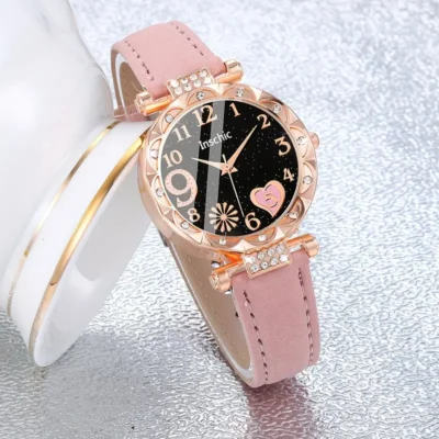 Watch Set- 5 Pcs Quartz Light Pink Hearts