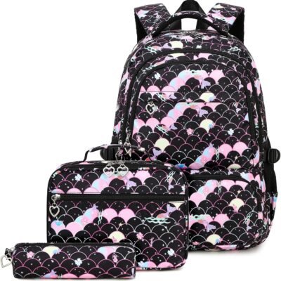Backpack Set 17.7"- Black & Pink Mermaid Scales