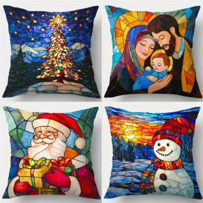 Pillow Covers- 4PC Set- Santa, Snowman, Tree & Nativity Scenes -18x18"