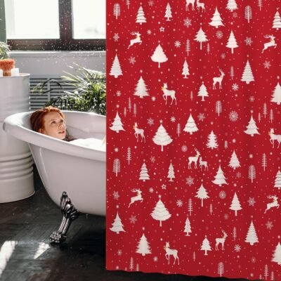 Shower Curtain- Red Trees and Reindeer